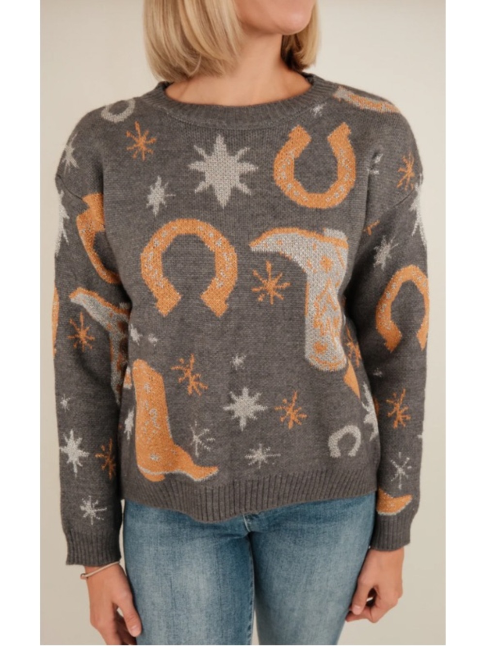 Women’s Gray Western Motif Crewneck Sweater NEW